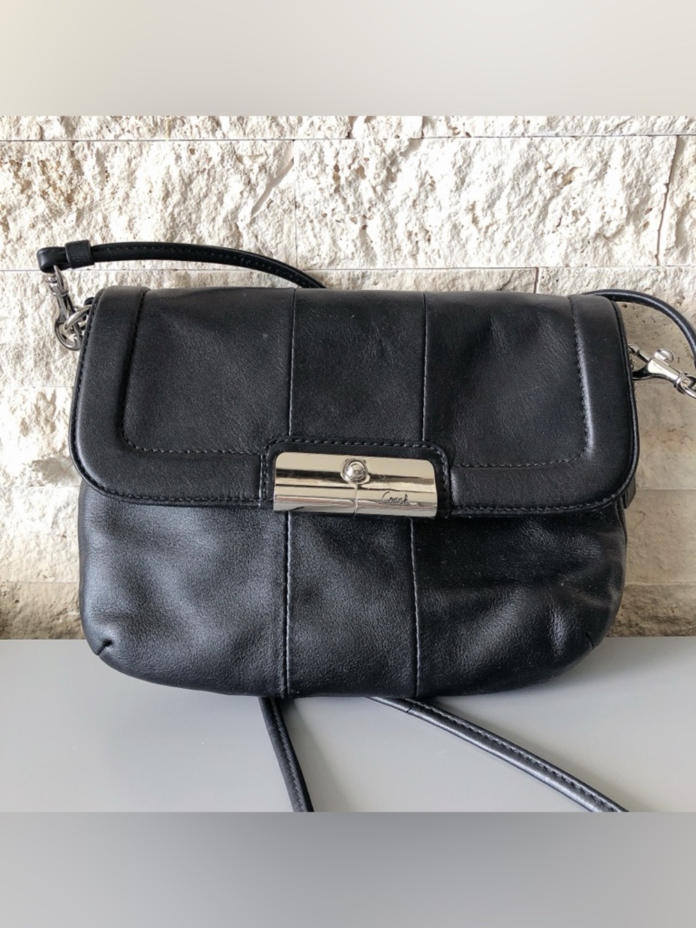 Coach black leather crossbody bag purse silver hardware wallet women’s - Picture 1 of 17